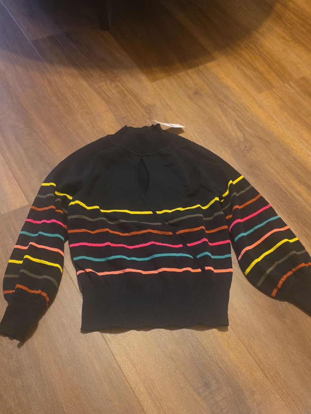 Black Striped Cowl Neck Sweater with Multicolor Accents